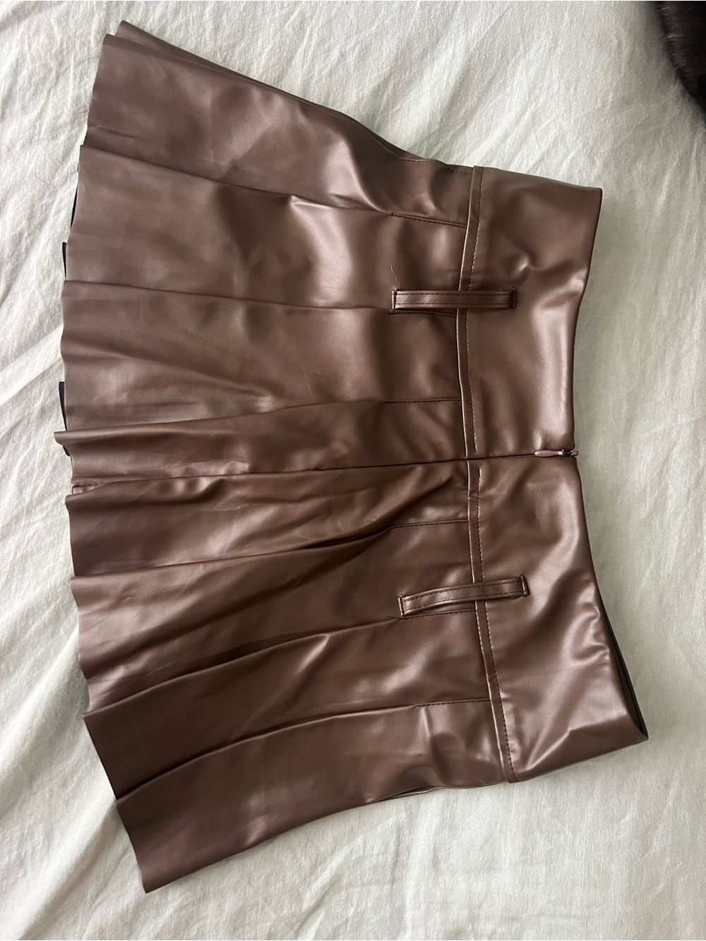 Brown Pleated Faux Leather Mini Skirt